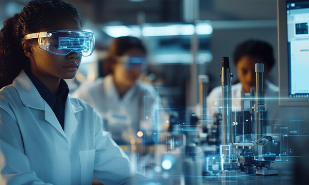 An student using Augmented Reality glasses