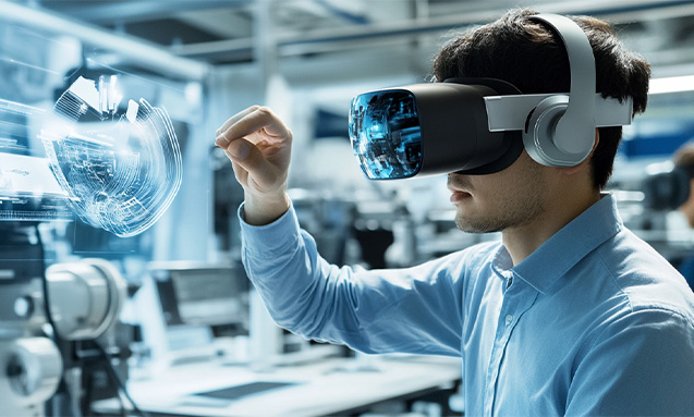 A man selecting an with headset and mixed reality