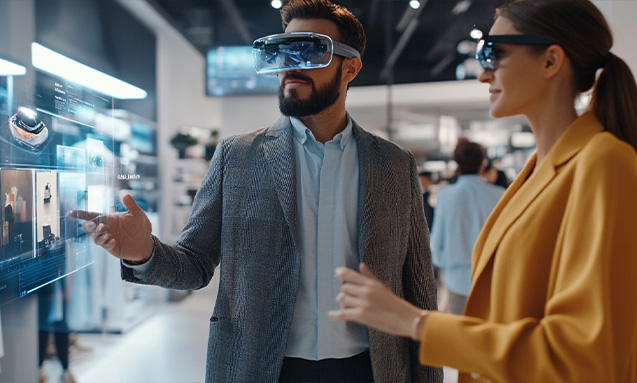 a man and woman using virtual reality headset in a mall